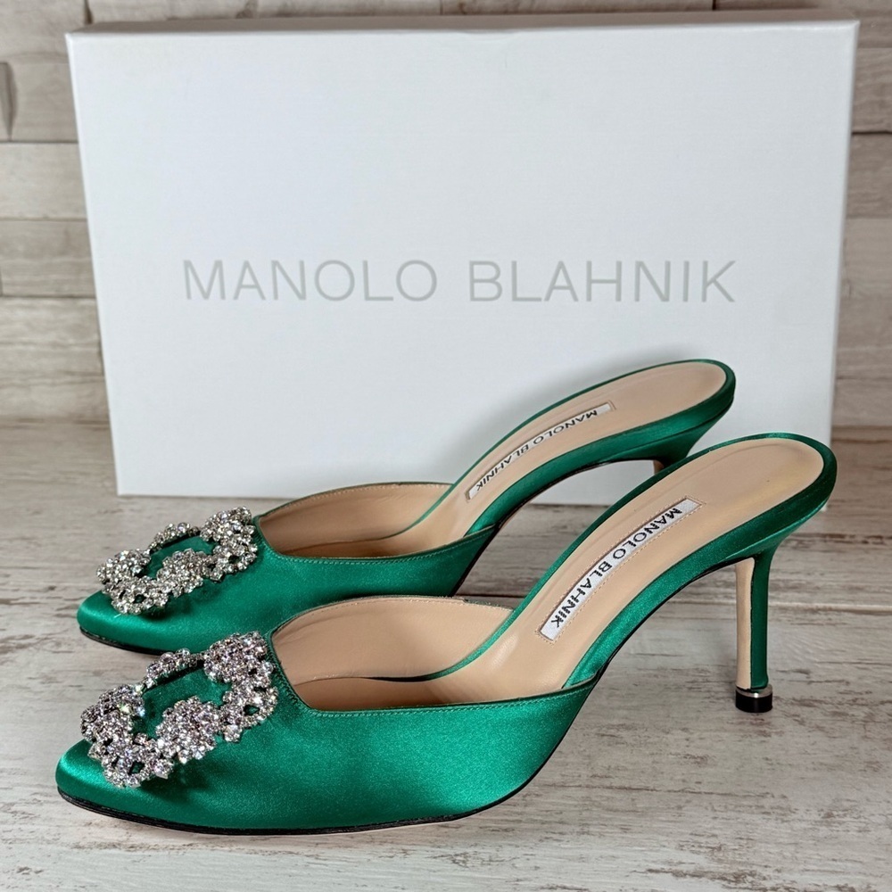 Manolo Blahnik Size 36 Green Hangisi Hangisimu Heeled Mules Satin 70MM NEW - Picture 15 of 16
